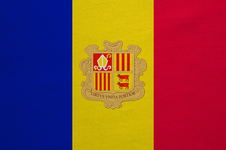 Andorran national official flag. Patriotic symbol, banner, element, background. Correct colors. Flag of Andorra with real detailed fabric texture, accurate size, illustrationの写真素材