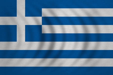 Greek national official flag. Patriotic symbol, banner, element, background. Correct colors. Flag of Greece wavy with real detailed fabric texture, accurate size, illustrationの写真素材