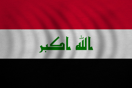 Iraqi national official flag. Irak patriotic symbol, element, background. Iraki banner. Correct colors. Flag of Iraq wavy with real detailed fabric texture, accurate size, illustrationの写真素材