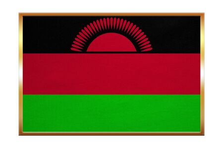 Malawian national official flag. African patriotic symbol, banner, element, background. Correct colors. Flag of Malawi , golden frame, fabric texture, illustration. Accurate size, colorの写真素材