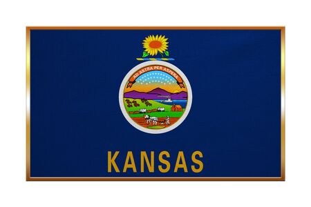 Flag of the US state of Kansas. American patriotic element. USA banner. United States of America symbol. Kansan official flag , golden frame, fabric texture, illustration. Accurate size, colorsの写真素材
