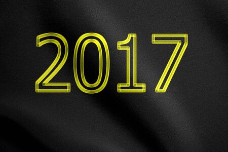 Neon golden numbers 2017 on black fabric texture background. Greeting card. Happy new year 2017