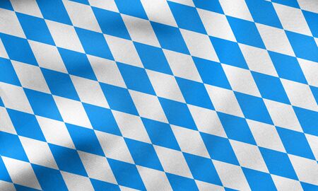 Bavarian official flag, symbol, banner, element. Oktoberfest checkered background with blue and white rhombus. Correct colors. Flag of Bavaria waving in the wind, real fabric texture. 3D illustrationの写真素材