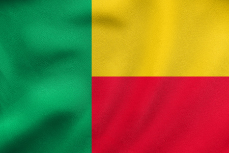 Beninese national official flag. Patriotic symbol, banner, element, background. Correct colors. Flag of Benin waving in the wind, real detailed fabric texture. 3D illustrationの写真素材