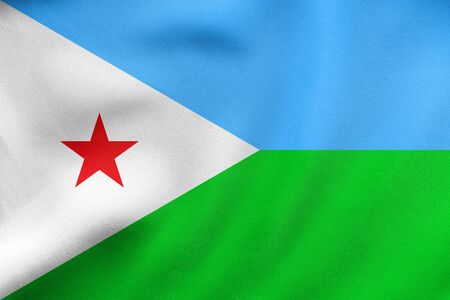 Djiboutian national official flag. African patriotic symbol, banner, element, background. Correct colors. Flag of Djibouti waving in the wind, real detailed fabric texture. 3D illustrationの写真素材