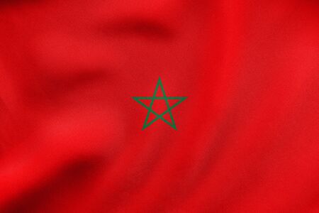 Moroccan national official flag. African patriotic symbol, banner, element, background. Correct colors. Flag of Morocco waving in the wind, real detailed fabric texture. 3D illustrationの写真素材