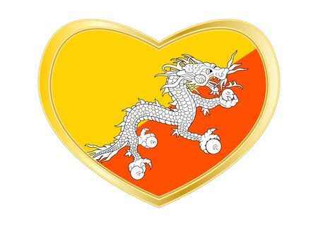 Bhutanese national official flag. Patriotic symbol, banner, element, background. Correct colors. Flag of Bhutan in heart shape isolated on white background. Golden frame. Vectorのイラスト素材