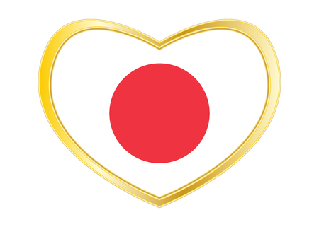 Japanese national official flag. Patriotic symbol, banner, element, background. Correct colors. Flag of Japan in heart shape isolated on white background. Golden frame. Vectorのイラスト素材