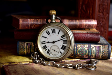 Vintage pocket watch with chain and old books on a wooden tableの写真素材