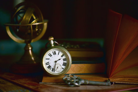 Vintage alarm clock and old books on the table. Selective focus.の写真素材