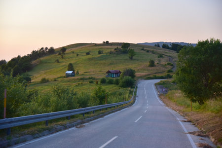 Mountain road in the evening. Carpathians, Ukraine.の写真素材
