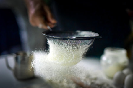 Close-up of a woman sifting flour with a sieve