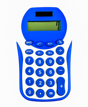 blue calculator on display 7 isolated on white backgroundの写真素材