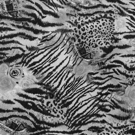 texture of print fabric striped leopard and flower for backgroundの写真素材