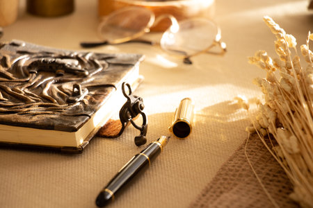 leather notebook on the mystic backgroundの写真素材