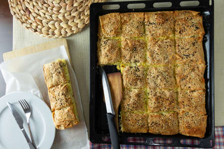 pieces of pastry, pastry in a tray on the tableの写真素材