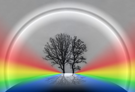 Imaginary winter landscape with a glowing circle and rainbows.の写真素材