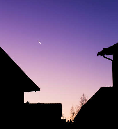 Neighbourhood in a morning twilight with small moon.の写真素材