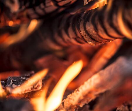 Burning wood with flames aroud it to produce heat.