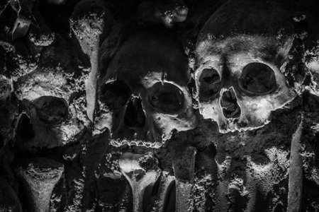 A Creepy Wall of Human Skulls in Portugals Chapel of Bones in Evoraの写真素材