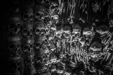 A Creepy Wall of Human Skulls in Portugals Chapel of Bones in Evoraの写真素材