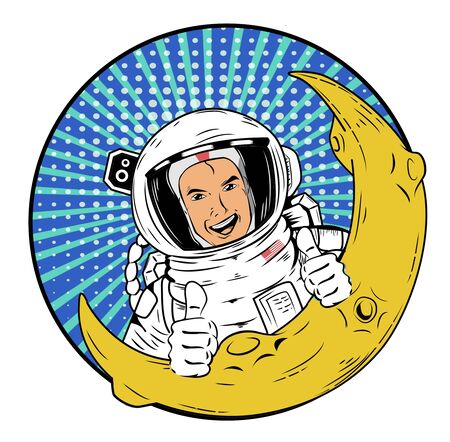 A Super Happy Astronaut Leans on the Moon and Gives a Thumbs Upの写真素材