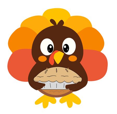 An adorable cartoon turkey brings a pie to Thanksgiving dinner.の写真素材
