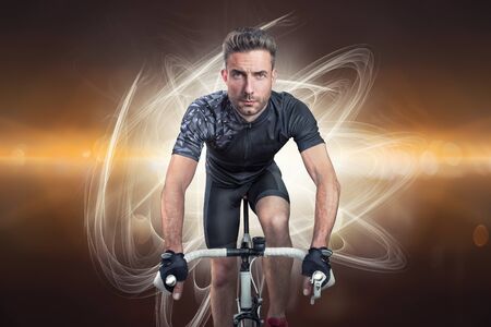 Cyclist frontal view with dynamic light effectの写真素材