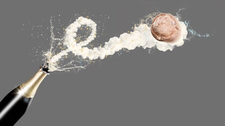 Sparkling wine bottle with flying cork - neutral backgroundの写真素材