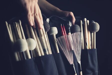 Open drummer stick bag with handsの写真素材
