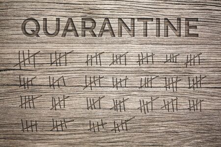 Quarantine Duration Concept - markings on woodの写真素材