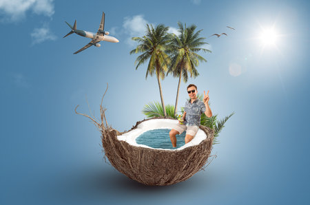 Happy tourist sitting in a coconut - summer vacation collageの写真素材