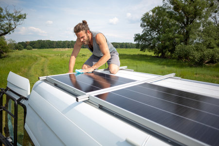 Man wiping a solar panel on top of a camper vanの写真素材