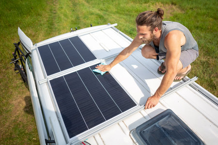 Man cleaning a solar panel on the roof of a camper vanの写真素材