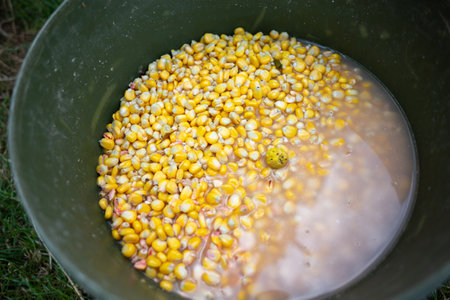 A bucket full of corn bait for fishingの写真素材