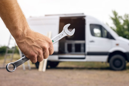 Wrench held by a hand with a van in the backgroundの写真素材
