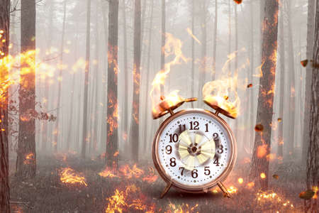 Alarm clock in a burning forest - Climate change conceptの写真素材