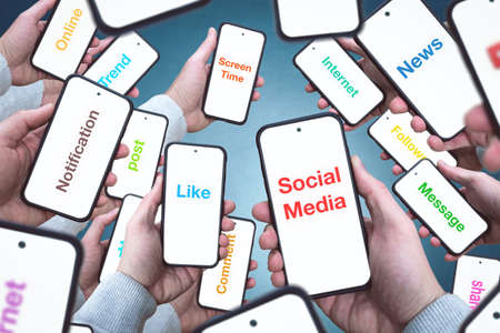 A lot of smartphone screens with internet buzzwordsの写真素材