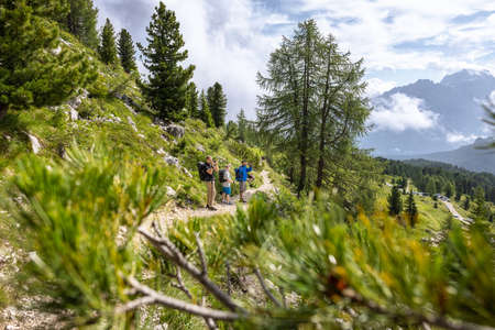 Small group of tourists on a mountain trail in the European Alpsの写真素材