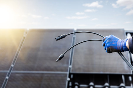 Solar panel cables with MC4 connectors held by a handの写真素材