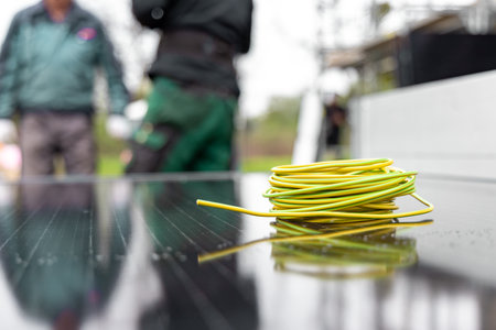 A coil of electric cable on a solar panel with technicians in the backgroundの写真素材