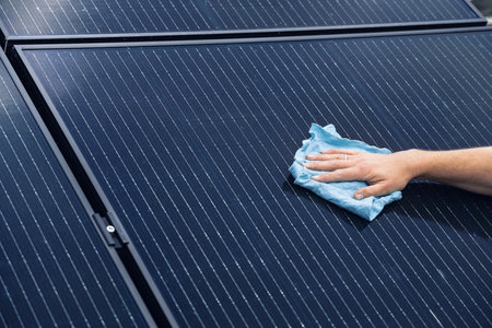 Hand cleaning a solar panel with a clothの写真素材