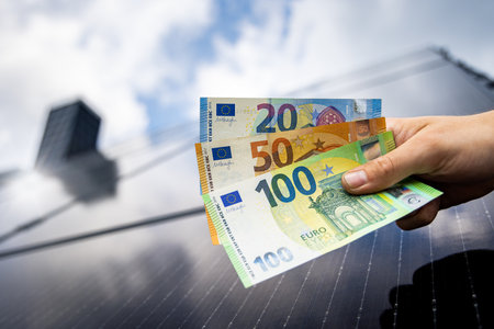 Euro banknotes in a hand with a solar panel roof in the backgroundの写真素材