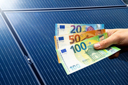 Euro bills held in a hand, with solar panels in the backgroundの写真素材