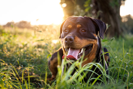 Male Rottweiler Dog Lying on a Meadow at Sunset