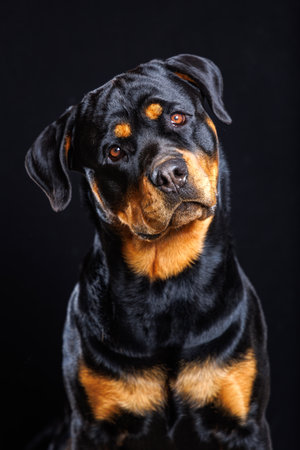Portrait of a Male Rottweiler Dog with a Tilted Headの写真素材