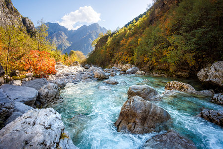 Colorful Landscape in the Albanian Alps with a River and Mountainsの写真素材