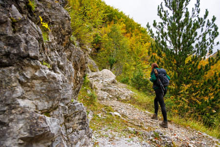 Woman on a Hiking Trail Exploring the Albanian Alpsの写真素材