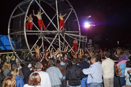 BUCHAREST, ROMANIA - SEPTEMBER 16: La Fura dels Baus artists interacts with audience during B-FIT in the Street,  International Street Theater Festival on September 16, 2012 in Bucharest, Romania.のeditorial素材