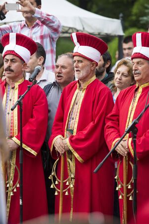 BUCHAREST, ROMANIA - MAY 17: Turkish traditional military fanfare "Mehter" performes live for the audience during the celebratory events Turkish Festival on May 17, 2012 in Bucharest, Romania.のeditorial素材